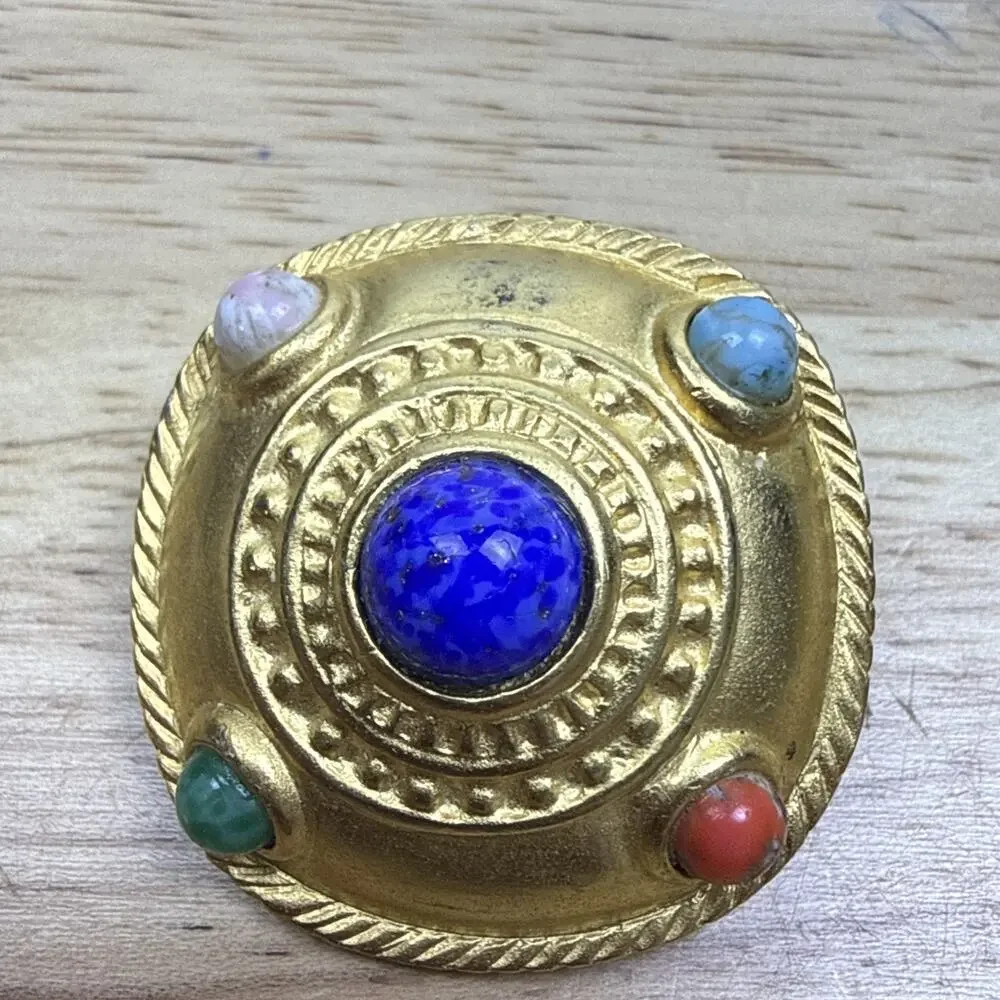 Vintage Stone Cabochon Chunky Gold Toned Clip On Earrings 1.25” Retro Colorful